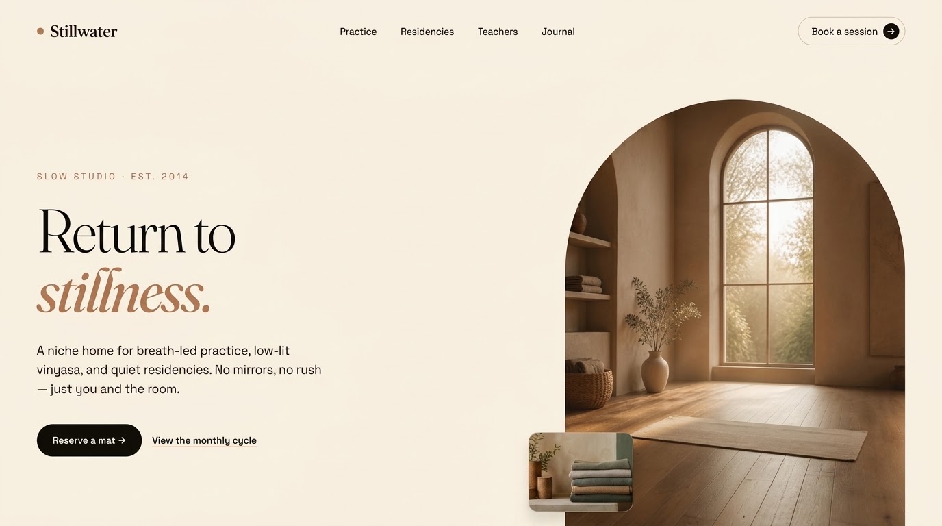 Captura del sitio Stillwater para estudio de yoga con clases, instructores y reservas